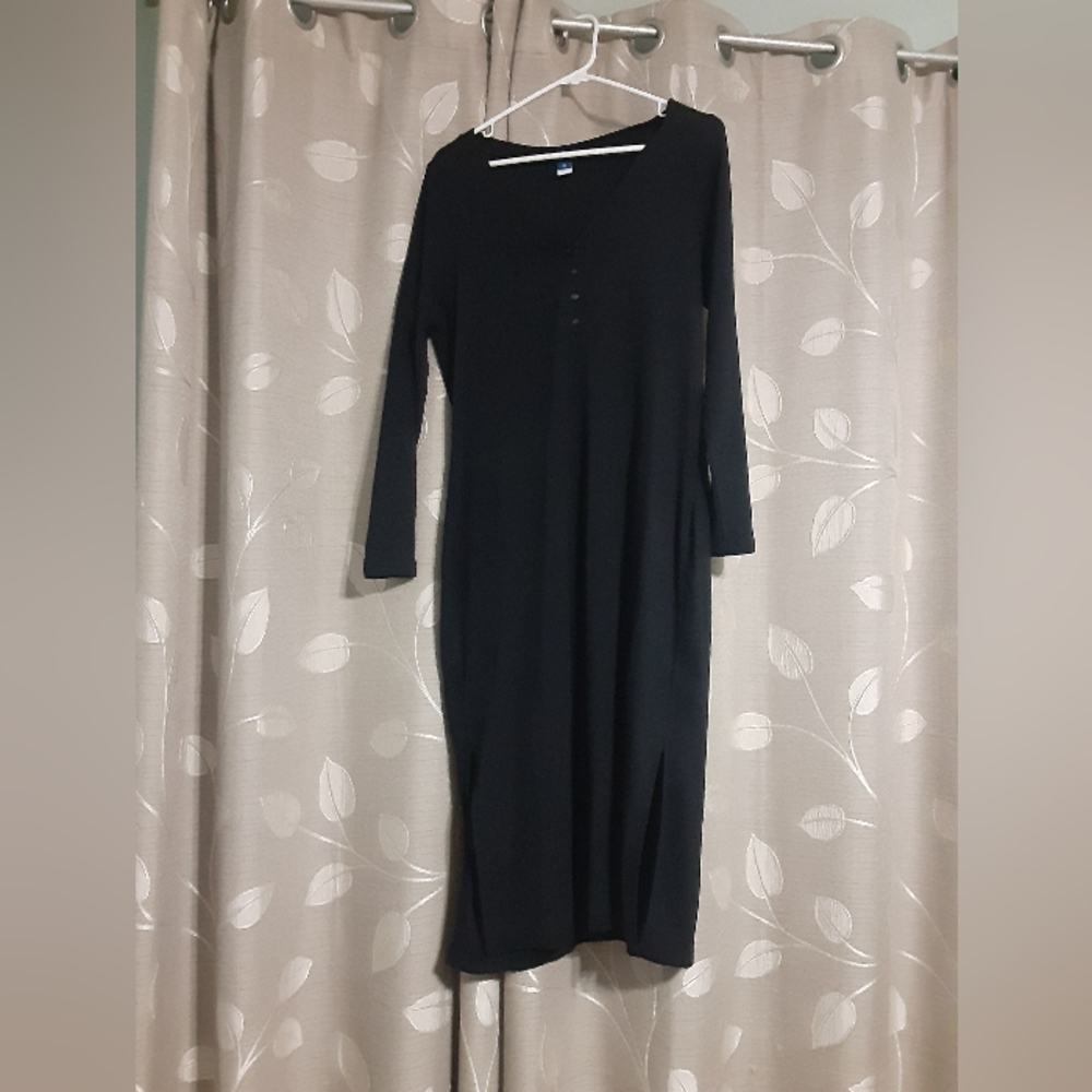 Old Navy Black XL Fitted Long Sleeve Rib Knit Henley Midi Dress
